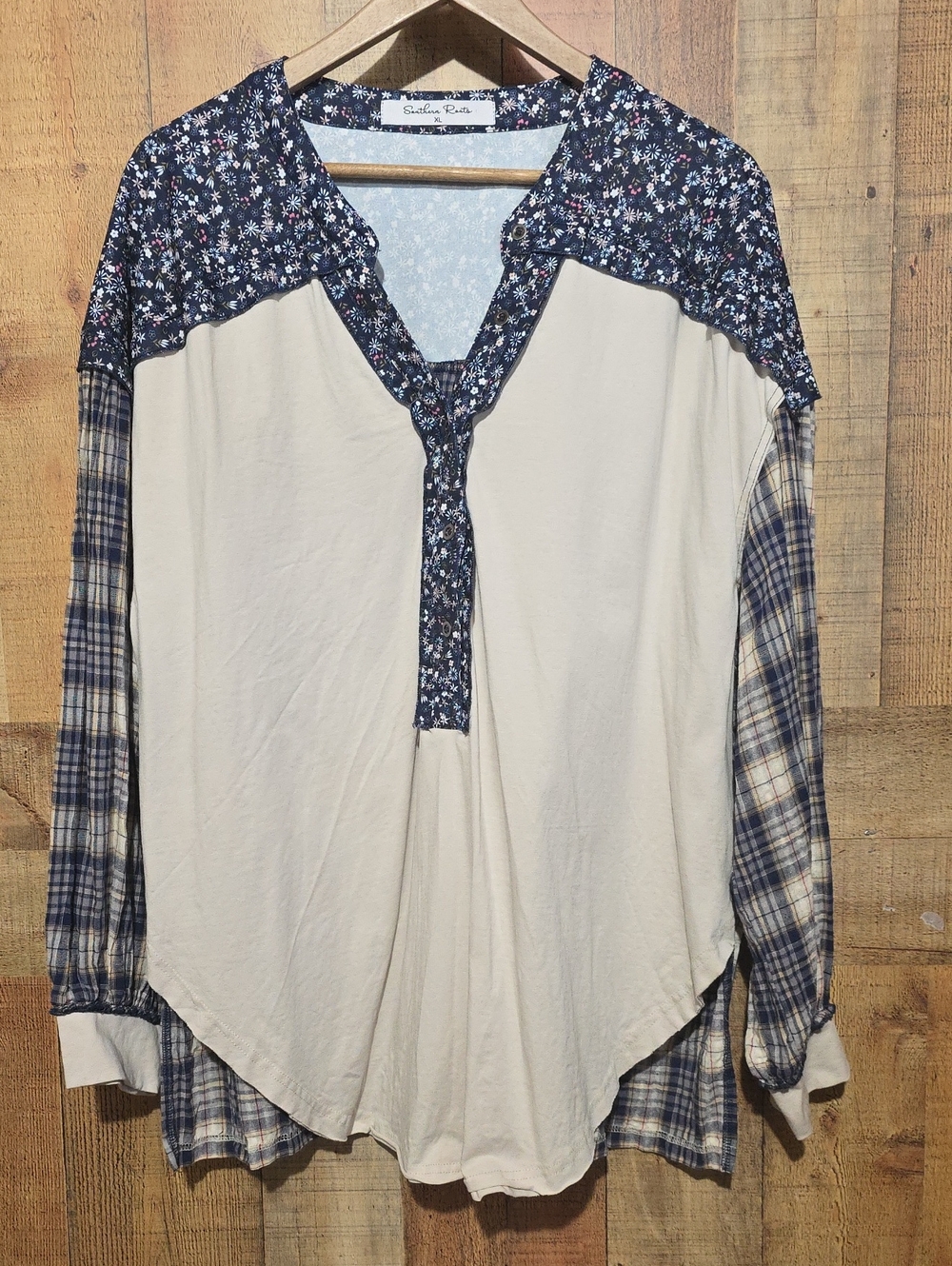Cream Mixed-Print Tunic Top with Navy Floral Accents